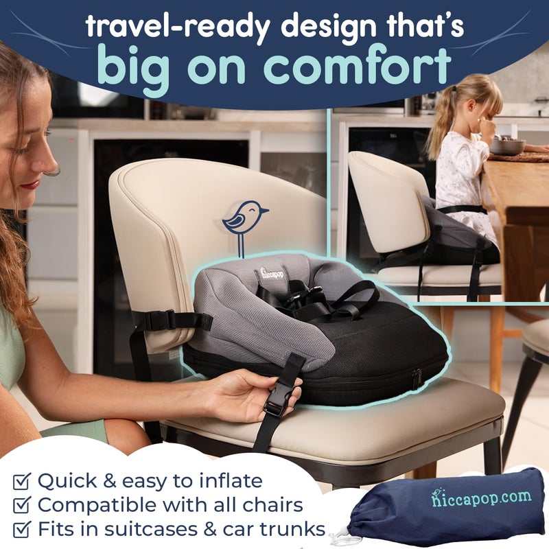 Hiccapop NeoBoost Inflatable Toddler Booster Seat for Dining Table â€“ Portable, Quick-Inflate Design â€“ Anti-Slip Base, Secure Straps, Easy-Clean â€“ Perfect for Home & Travel, Black/Gray - Image 2