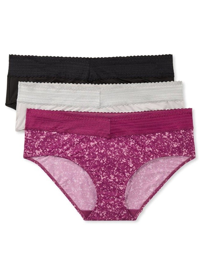 Warner's Women's Blissful Benefits Dig-Free Microfiber Lace Hipster 3-Pack Wrw251hp12w, Black/Platinum/Amaranth Abstract Print, XL - Image 1