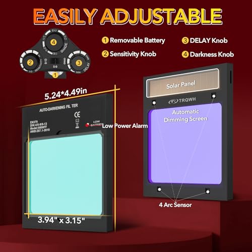 TRQWH Welding Helmet Auto Darkening Large Viewing True Color Solar Powered Welding Hood with 4 Arc Sensor Adjustable Wide Shade Range 4~5-8/9-13 Welder Mask for TIG MIG ARC Weld - Image 5