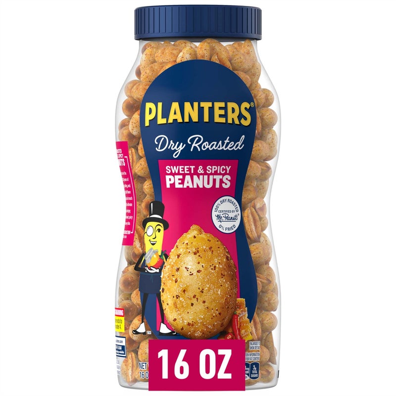 PLANTERS فول سوداني حلو وحار من بلانترز، بروتين نباتي، وجبات خفيفة حلوة وحارة، وجبة خفيفة من الفول السوداني، 16 أونصة في جرة (عبوة من 1) - Image 1