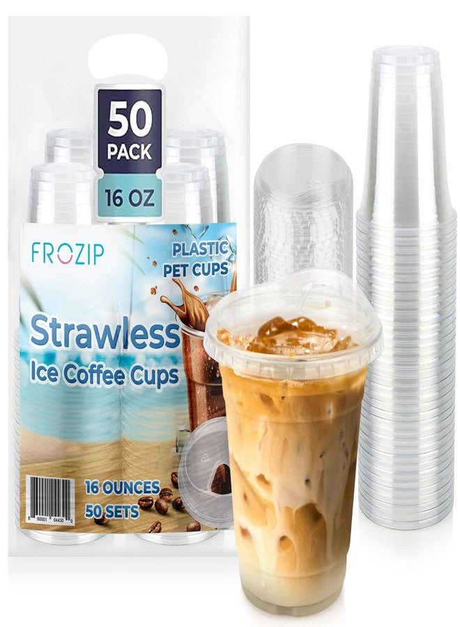 FROZIP 50 Pack 16oz Plastic Coffee Cups with Sip Lids - Clear Plastic Cups with Lids for Smoothies, Iced Coffee & Restaurant Supplies - Image 1