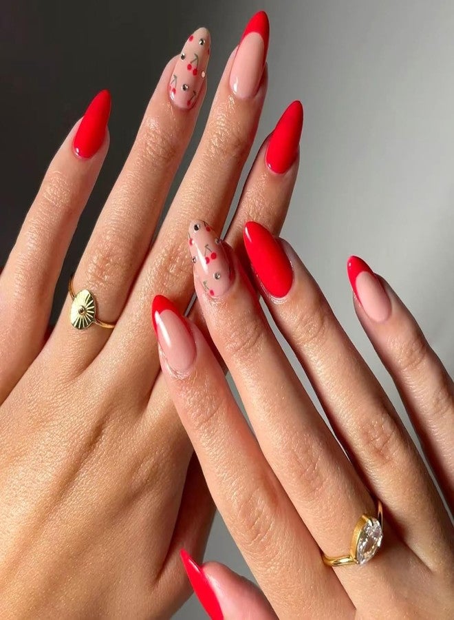 OFDNE Red Press on Nails Short Almond OFDNE French Tip Fake Nails False Nails with Designs Rhinestones Cherry Full Cover Glossy Glue on Nails Stick on Nails Acrylic Nails for Women Girls 24 Pcs - Image 1