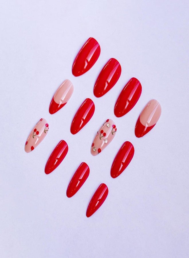 OFDNE Red Press on Nails Short Almond OFDNE French Tip Fake Nails False Nails with Designs Rhinestones Cherry Full Cover Glossy Glue on Nails Stick on Nails Acrylic Nails for Women Girls 24 Pcs - Image 5