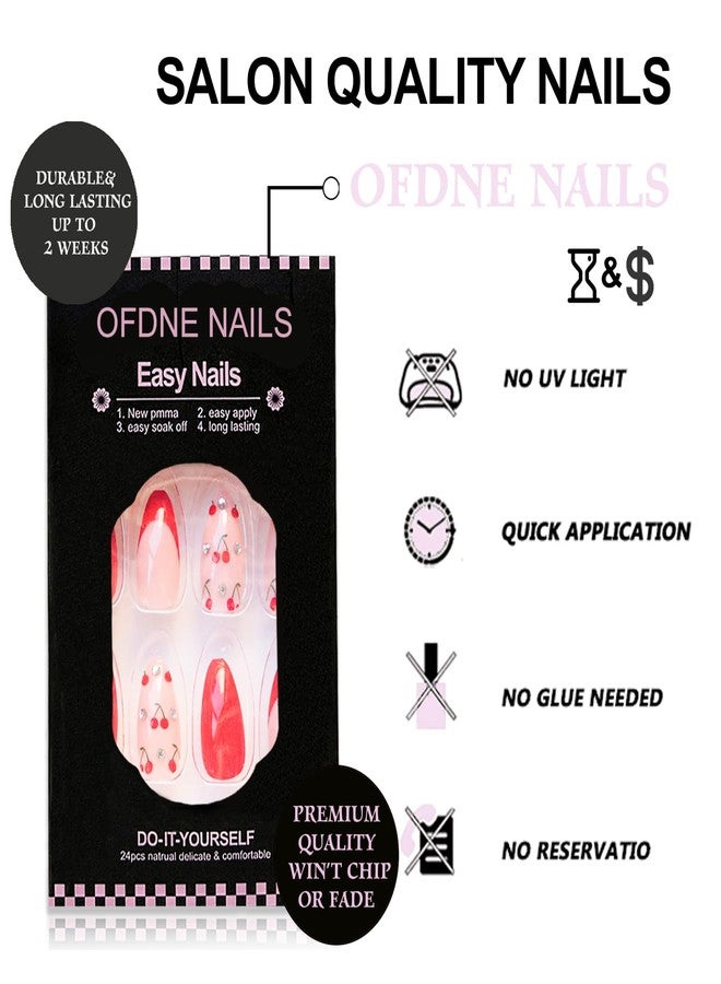 OFDNE Red Press on Nails Short Almond OFDNE French Tip Fake Nails False Nails with Designs Rhinestones Cherry Full Cover Glossy Glue on Nails Stick on Nails Acrylic Nails for Women Girls 24 Pcs - Image 2