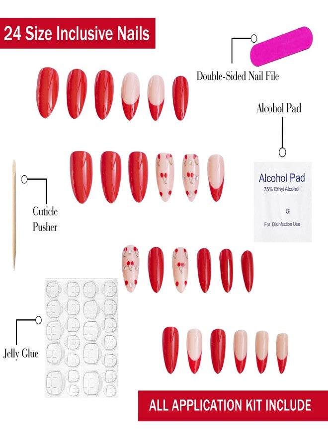 OFDNE Red Press on Nails Short Almond OFDNE French Tip Fake Nails False Nails with Designs Rhinestones Cherry Full Cover Glossy Glue on Nails Stick on Nails Acrylic Nails for Women Girls 24 Pcs - Image 3