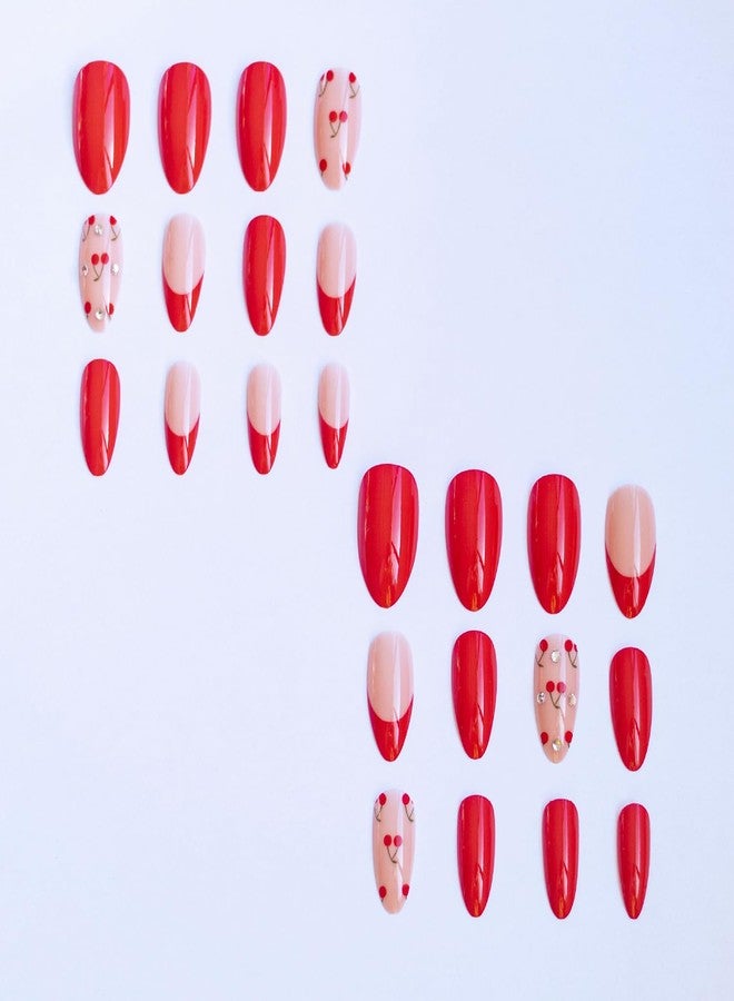 OFDNE Red Press on Nails Short Almond OFDNE French Tip Fake Nails False Nails with Designs Rhinestones Cherry Full Cover Glossy Glue on Nails Stick on Nails Acrylic Nails for Women Girls 24 Pcs - Image 4