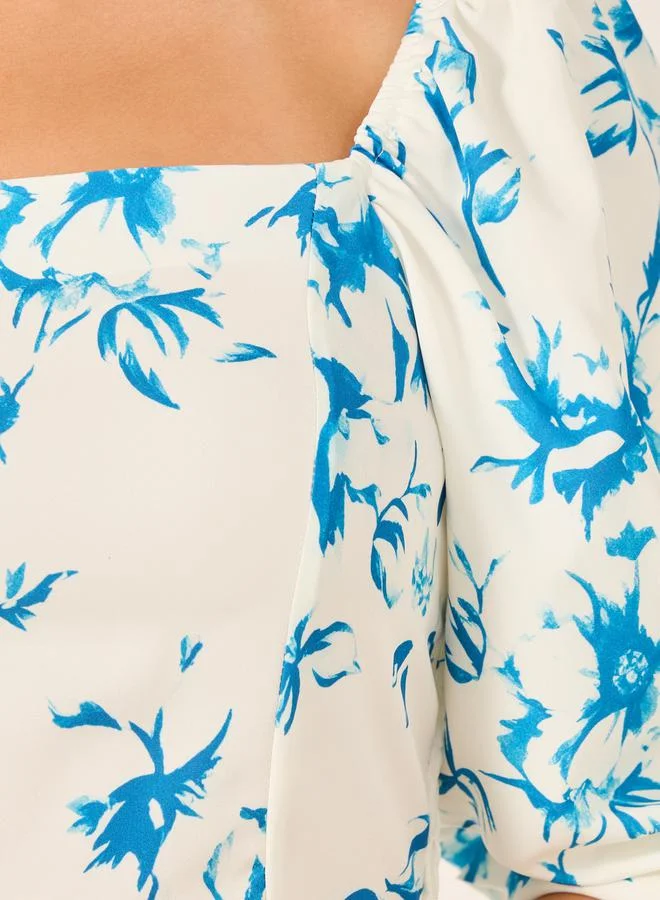 Styli Floral Print Puff Sleeve Blouse
