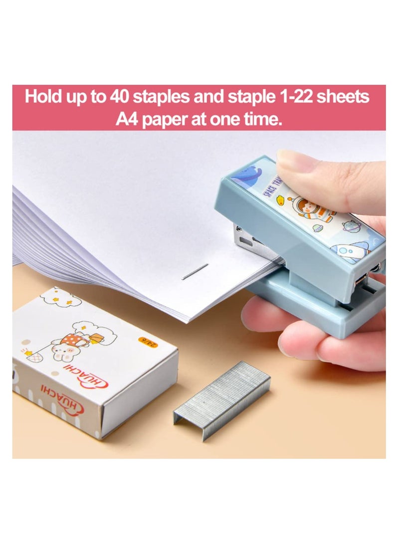SYOSI مكبس ورق مكتبي صغير سهل الاستخدام، 2 قطعة مكبس صغير محمول لطيف مع 800 دبوس قياسي 24/6 سعة 1-22 ورقة مكبس للأطفال مكابس يدوية صغيرة للمكتب والمدرسة للطلاب (أزرق، أخضر) - Image 2