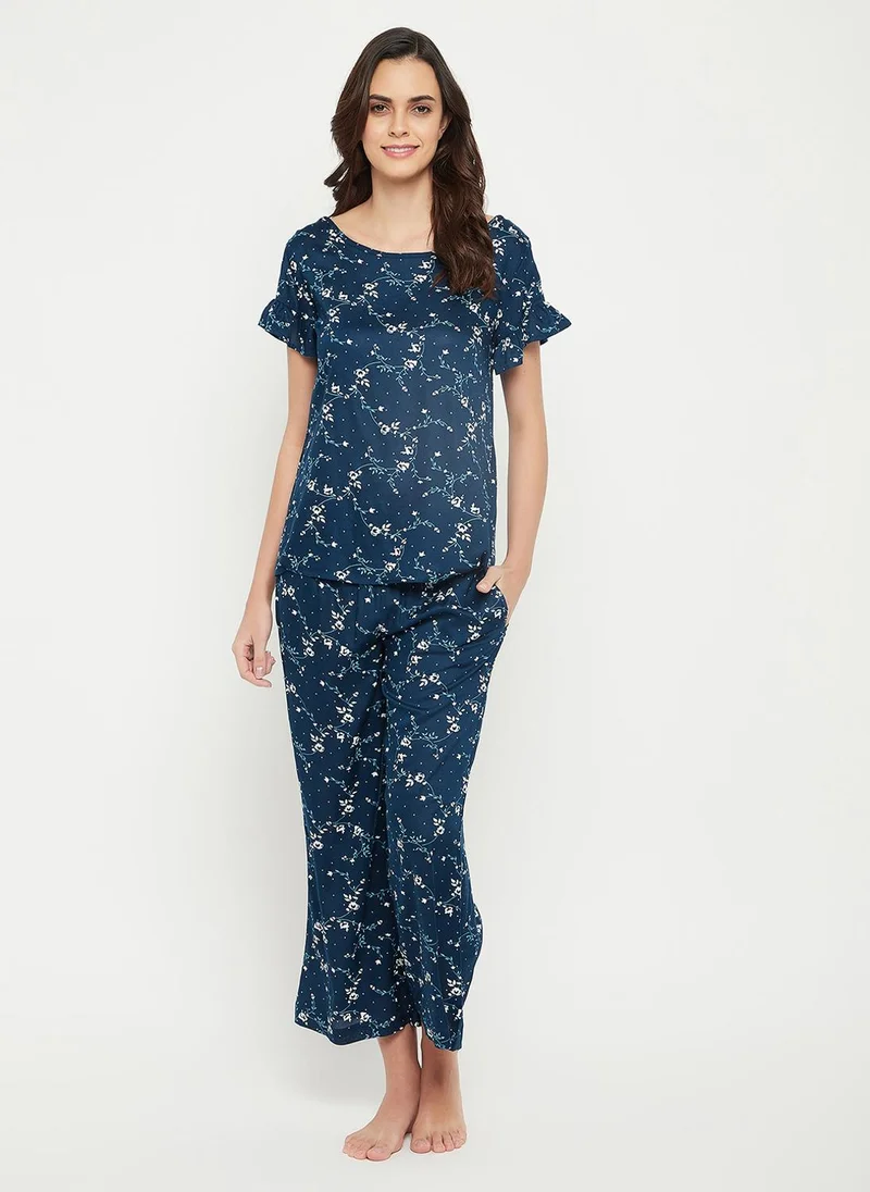 كلوفيا Clovia Pretty Florals Top & Pyjama Set in Teal Blue - Rayon