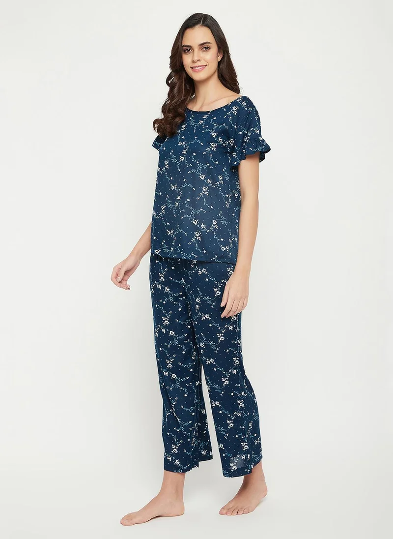 كلوفيا Clovia Pretty Florals Top & Pyjama Set in Teal Blue - Rayon