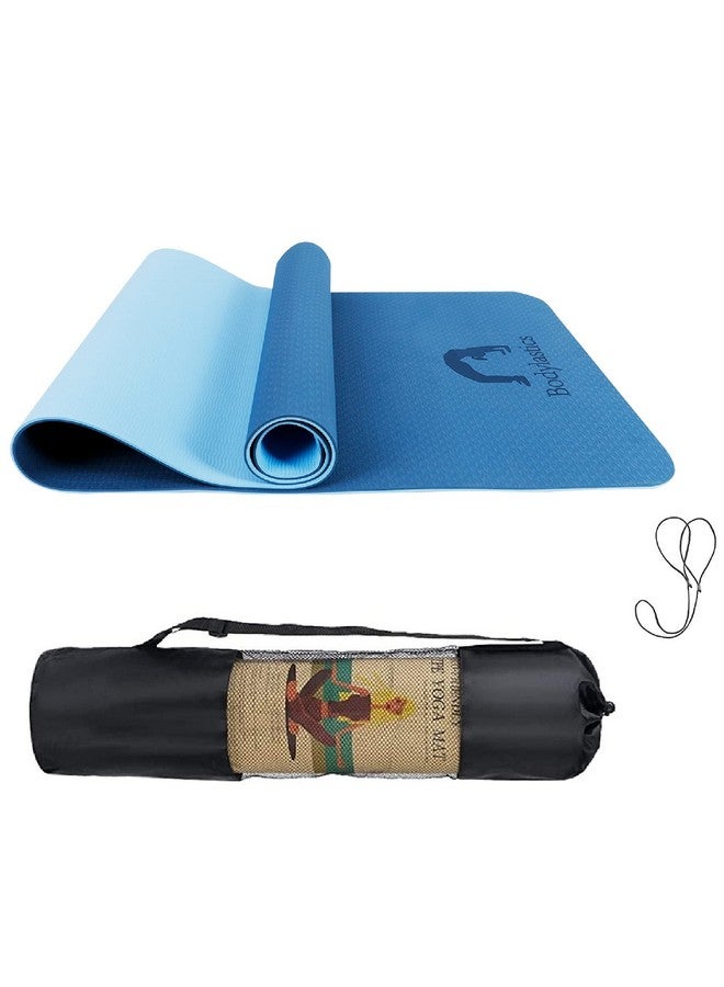 Bodylastics حصيرة يوغا Bodylastics للرجال والنساء مع حقيبة حمل TPE 6 قدم × 2 قدم × 6 مم حجم كبير مضادة للانزلاق ومضادة للتمزق (أزرق/أزرق) - Image 1