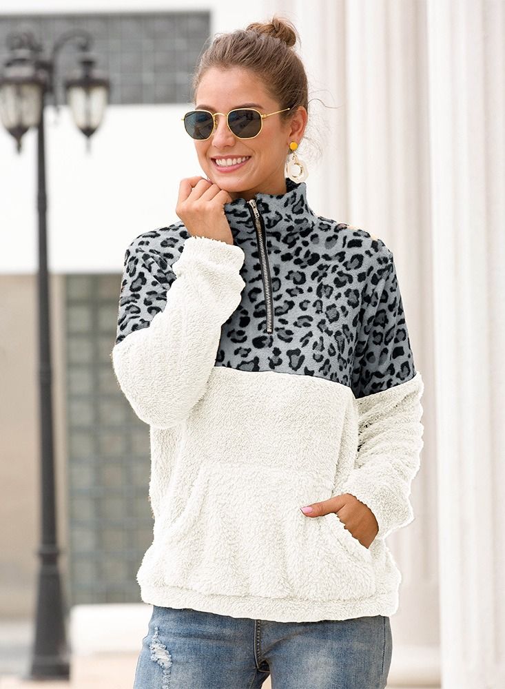 Loquat Zip Lapel Reversible Velvet Leopard Patch Pullover Multicolour 