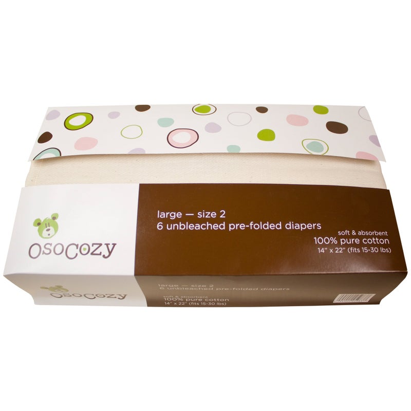 OsoCozy Unbleached Prefold Cloth Baby Diapers, Size 2 (15-30 lbs.), Soft, Absorbent, Durable 100% Natural Cotton, Unbleached Natural Color -6 Pack - Image 1