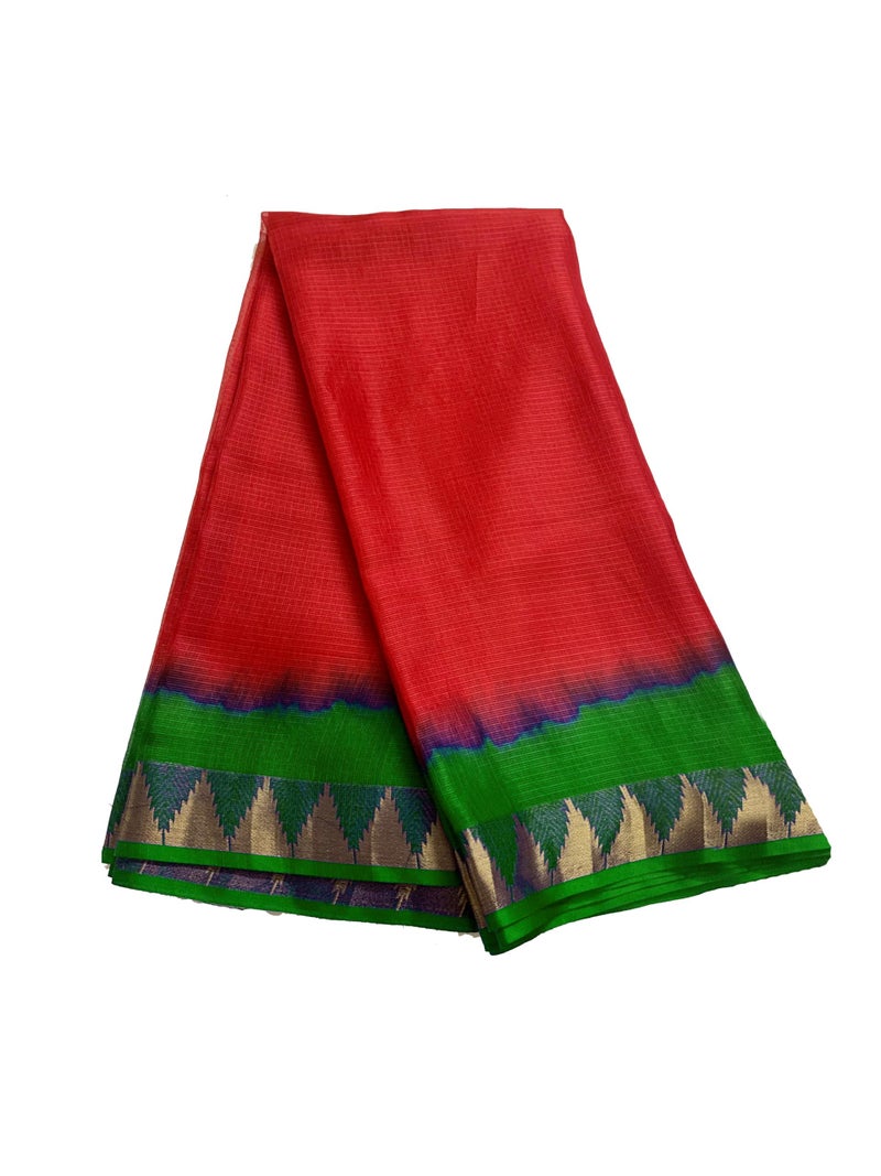 SheenKraft | Women's Bhagalpuri Pure Kota Doria Silk Net Saree With Temple Zari Border and Running Blouse Piece (Racing_Green & Red) - Image 5
