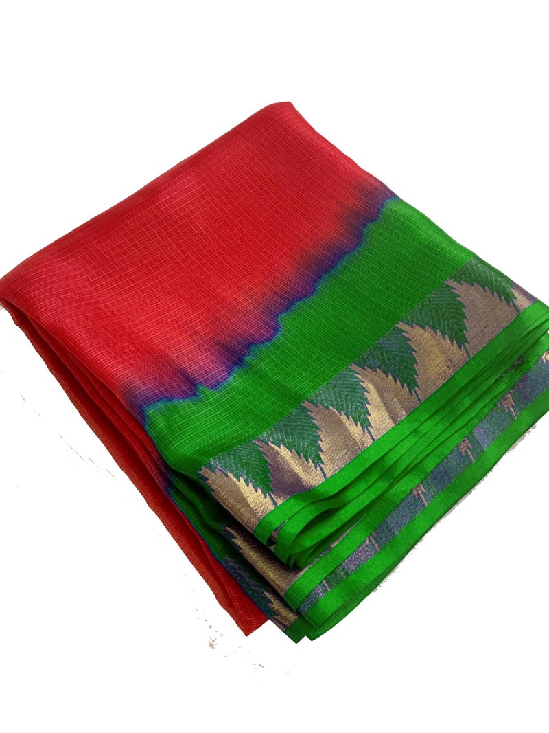 SheenKraft | Women's Bhagalpuri Pure Kota Doria Silk Net Saree With Temple Zari Border and Running Blouse Piece (Racing_Green & Red) - Image 4
