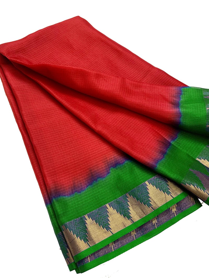 SheenKraft | Women's Bhagalpuri Pure Kota Doria Silk Net Saree With Temple Zari Border and Running Blouse Piece (Racing_Green & Red) - Image 2