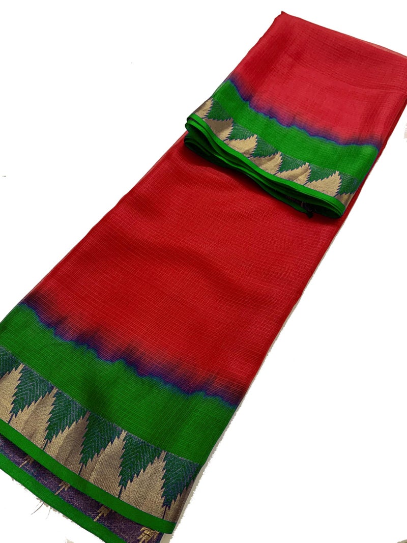 SheenKraft | Women's Bhagalpuri Pure Kota Doria Silk Net Saree With Temple Zari Border and Running Blouse Piece (Racing_Green & Red) - Image 3