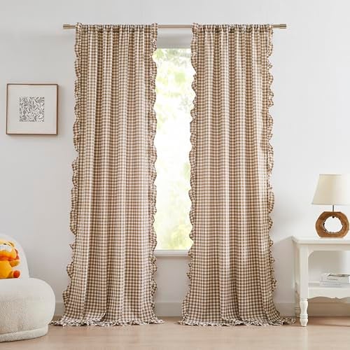 ZJDECOR Brown White Buffalo Plaid Curtains 84 Inches LongCottage Ruffle NotSeeThrough Sheer Crinkle DrapesFarmhouse Window Treatment for Nursery Bedroom Living RoomRod Pocket40Wx84LPack of 2 - Image 1