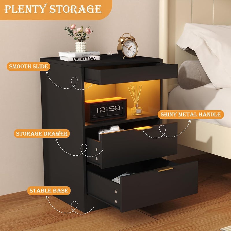 YUSONG LED Nightstand Bedside Table with Charging Station 2 Drawers, Black Modern Sofa Couch End Side Table with Lights, Invisible Lock and Pull-Out Shelf for Bedroom Living Room - Image 5