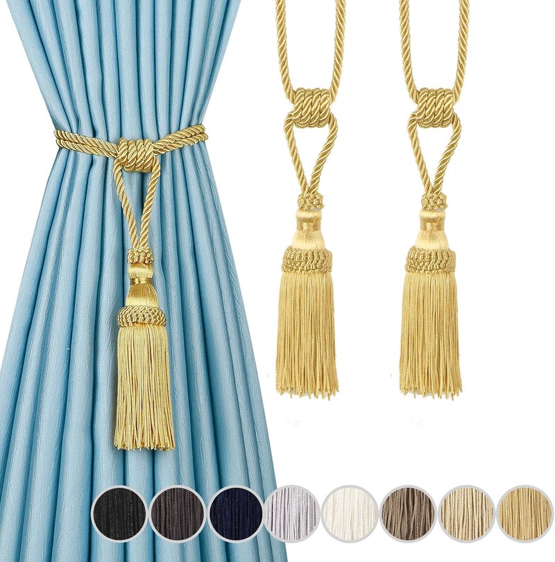 fenghuangwu Curtain Tassel Tiebacks, Handmade Tassels Curtain Tie-Backs Rope Holdbacks for Home Office Decor (Gold) - Image 1