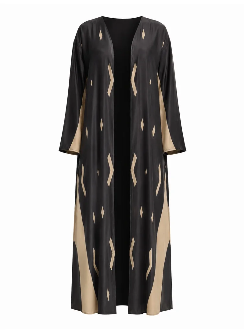 Amnad International Women's Silk Open Abaya with Matching Hijab, Geometric Diamond Panel Design, Black & Sand Beige, Sizes 52-60 inches
