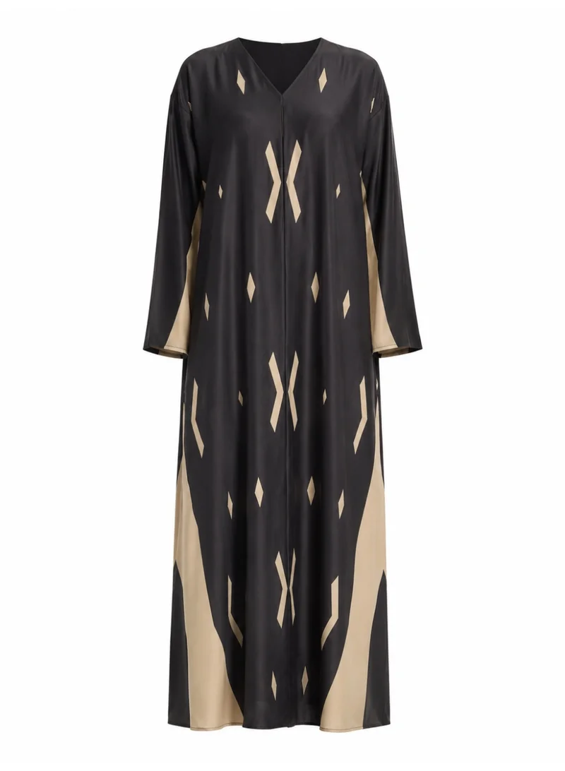 Amnad International Women's Silk Open Abaya with Matching Hijab, Geometric Diamond Panel Design, Black & Sand Beige, Sizes 52-60 inches