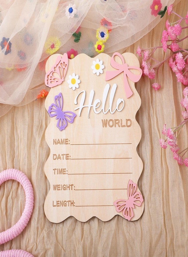 Ajcotahm Hello World Newborn Sign, 5.8 x 7.4 Inch Butterfly Daisy Baby Announcement Sign Wooden Bow Birth Welcome Board for Newborn Boys Girls Photo Props Baby Shower Hospital Nursery - Image 3