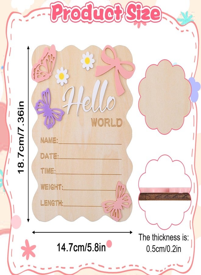 Ajcotahm Hello World Newborn Sign, 5.8 x 7.4 Inch Butterfly Daisy Baby Announcement Sign Wooden Bow Birth Welcome Board for Newborn Boys Girls Photo Props Baby Shower Hospital Nursery - Image 2
