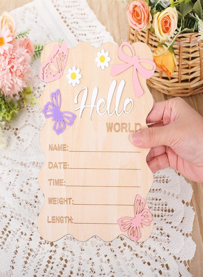 Ajcotahm Hello World Newborn Sign, 5.8 x 7.4 Inch Butterfly Daisy Baby Announcement Sign Wooden Bow Birth Welcome Board for Newborn Boys Girls Photo Props Baby Shower Hospital Nursery - Image 4