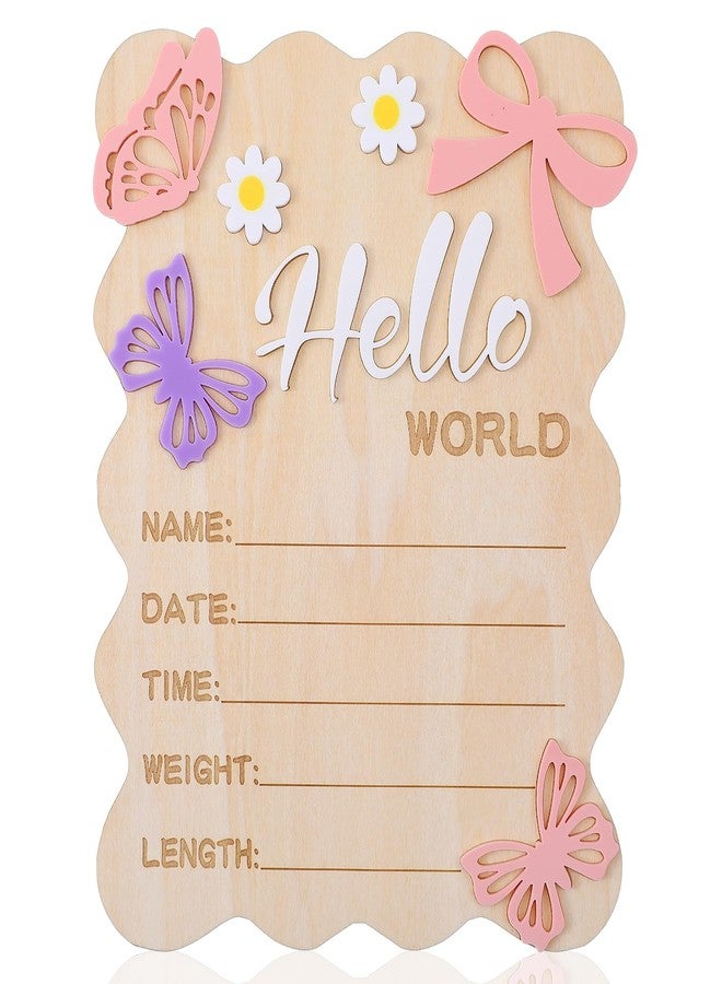 Ajcotahm Hello World Newborn Sign, 5.8 x 7.4 Inch Butterfly Daisy Baby Announcement Sign Wooden Bow Birth Welcome Board for Newborn Boys Girls Photo Props Baby Shower Hospital Nursery - Image 1