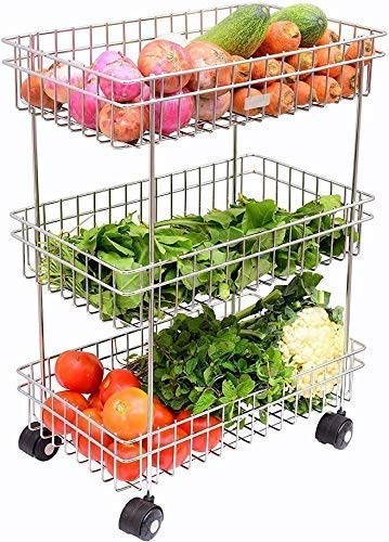 KAVID Vegetable Stainless Steel 3Tier Fruits Vegetable Onion Trolley Container Basket Organizer Organiser Holder Stand for Kitchen Multi Purpose Spice Kitchen Storage Shelf Shelves Rack - Image 1