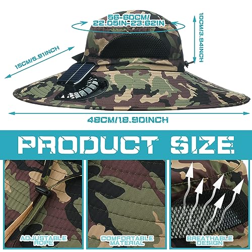 Berlune Men Sun Hat with 2 Solar Fan Fishing Wide Brim Sun Hat for Beach Outdoor Summer Camping, USB & Solar Powered(Army Green,Camouflage) - Image 2