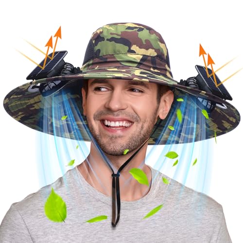 Berlune Men Sun Hat with 2 Solar Fan Fishing Wide Brim Sun Hat for Beach Outdoor Summer Camping, USB & Solar Powered(Army Green,Camouflage) - Image 1