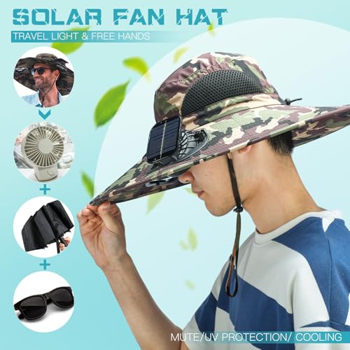 Berlune Men Sun Hat with 2 Solar Fan Fishing Wide Brim Sun Hat for Beach Outdoor Summer Camping, USB & Solar Powered(Army Green,Camouflage) - Image 4