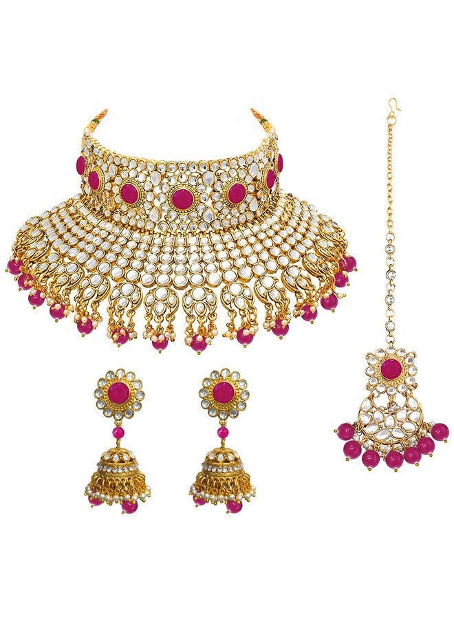 بيورا طقم مجوهرات بيورا راني مطلي بالذهب الوردي ومزين بالكوندان مصنوع يدويًا للنساء - Image 1