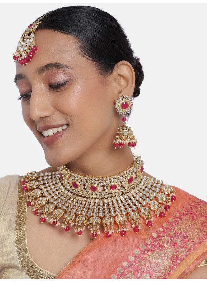 بيورا طقم مجوهرات بيورا راني مطلي بالذهب الوردي ومزين بالكوندان مصنوع يدويًا للنساء - Image 2