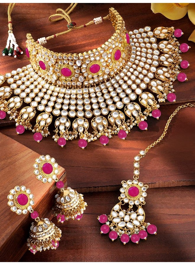 بيورا طقم مجوهرات بيورا راني مطلي بالذهب الوردي ومزين بالكوندان مصنوع يدويًا للنساء - Image 3