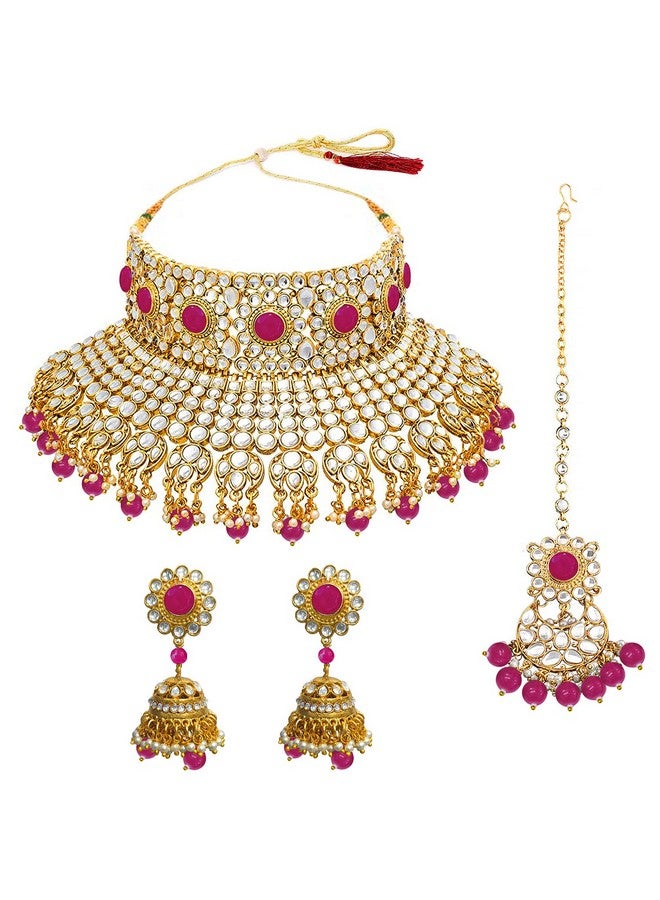 بيورا طقم مجوهرات بيورا راني مطلي بالذهب الوردي ومزين بالكوندان مصنوع يدويًا للنساء - Image 5