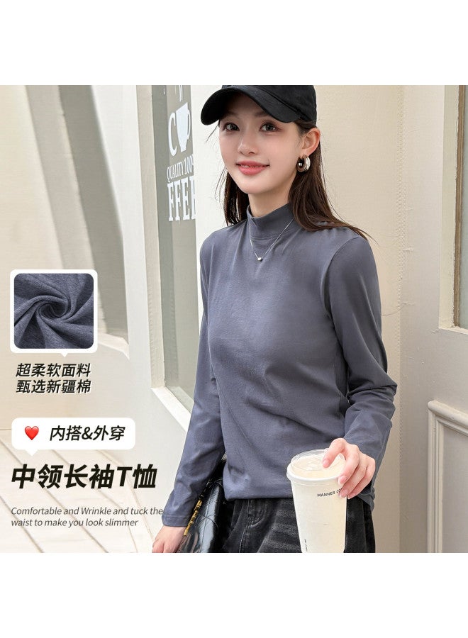 LANG SHA Pure Cotton Women'S Semi-High Neck Long Sleeve T-Shirt Solid Color Ladies Base Layer T-Shirt - Image 5