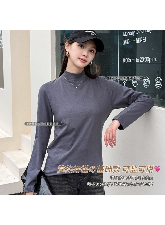 LANG SHA Pure Cotton Women'S Semi-High Neck Long Sleeve T-Shirt Solid Color Ladies Base Layer T-Shirt - Image 4