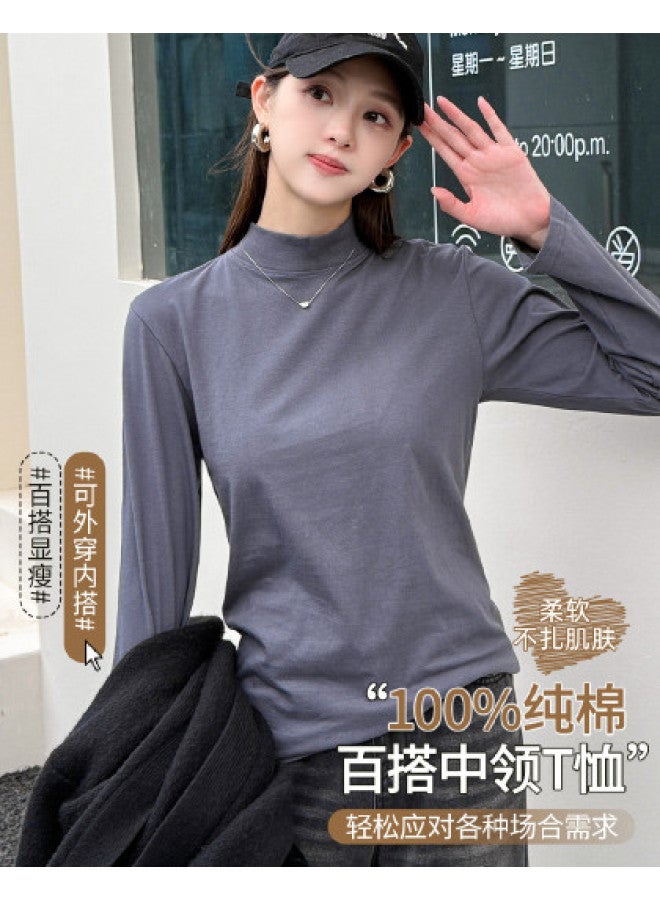 LANG SHA Pure Cotton Women'S Semi-High Neck Long Sleeve T-Shirt Solid Color Ladies Base Layer T-Shirt - Image 1