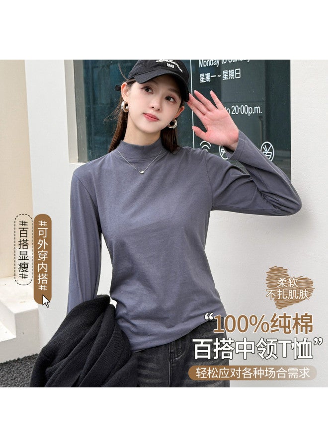 LANG SHA Pure Cotton Women'S Semi-High Neck Long Sleeve T-Shirt Solid Color Ladies Base Layer T-Shirt - Image 2