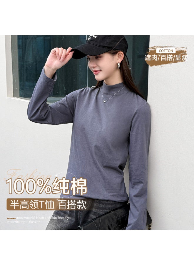 LANG SHA Pure Cotton Women'S Semi-High Neck Long Sleeve T-Shirt Solid Color Ladies Base Layer T-Shirt - Image 3
