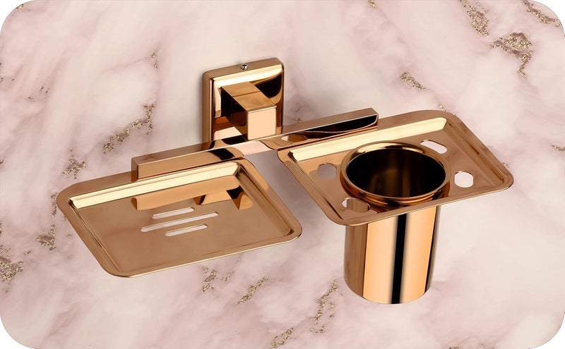 Easyhome Furnish EASYHOME FURNISH soap Dish with Toothbrush Holder Tumbler Stand for washbasin sabu dani and Brush Holder for Bathroom Tumbler Holders dispensers 40304 Stainless SteelRose Gold PVD Finish  - Image 1
