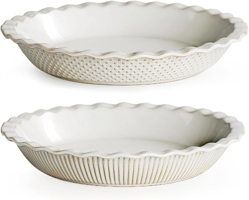 GET STAR Ceramic Pie Pan Set of 2, 9 inch Pie Dish for Baking, Non-Stick, Oven & Dishwasher Safe, Farmhouse Decor Quiche Baking Dish, Pie Plate, Deep Dish Pie Pan (Embossed Stripes+Dots) - Image 1