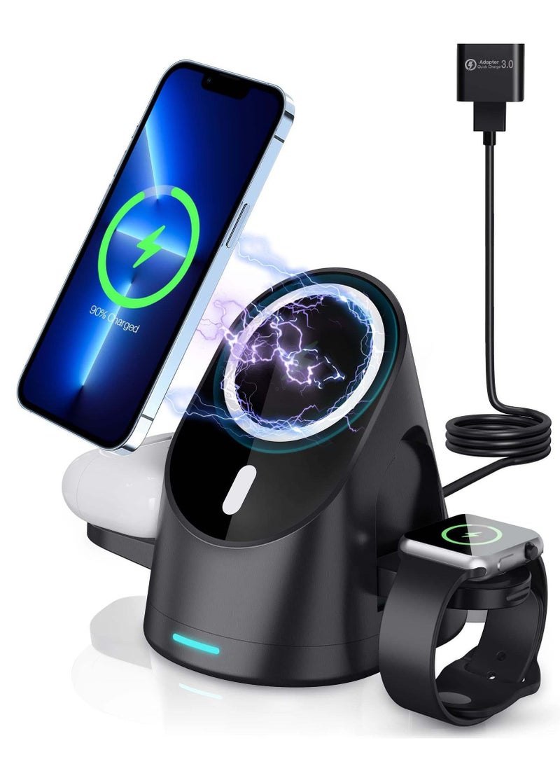 XiuWoo Magnetic Wireless Charger, 3 in 1 Foldable Charger Station, 15W Fast Charging Dock Stand for MagSafe iPhone 14/13/13 Pro/13 Pro Max/12 mini/12/12 Pro/iWatch 6/5/4/3/2/Airpods 2/Pro - Image 1