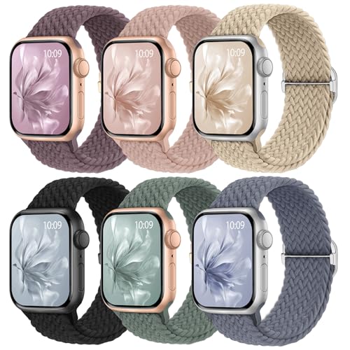Knossen 6 Pack Braided Stretchy Bands Compatible with Apple Watch Band 38mm 40mm 41mm 42mm 44mm 45mm 46mm 49mm Women Men, Adjustable Nylon Solo Loop Elastic Straps for iWatch Series 11 10 9 8 7 6 5 4 SE Ultra - Image 1