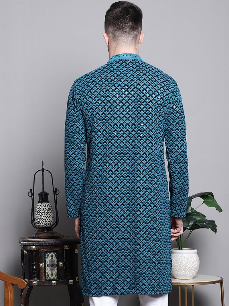 Jompers Mens Sequin Embroidered Pure Cotton Kurtas (Blue, M) - Image 2