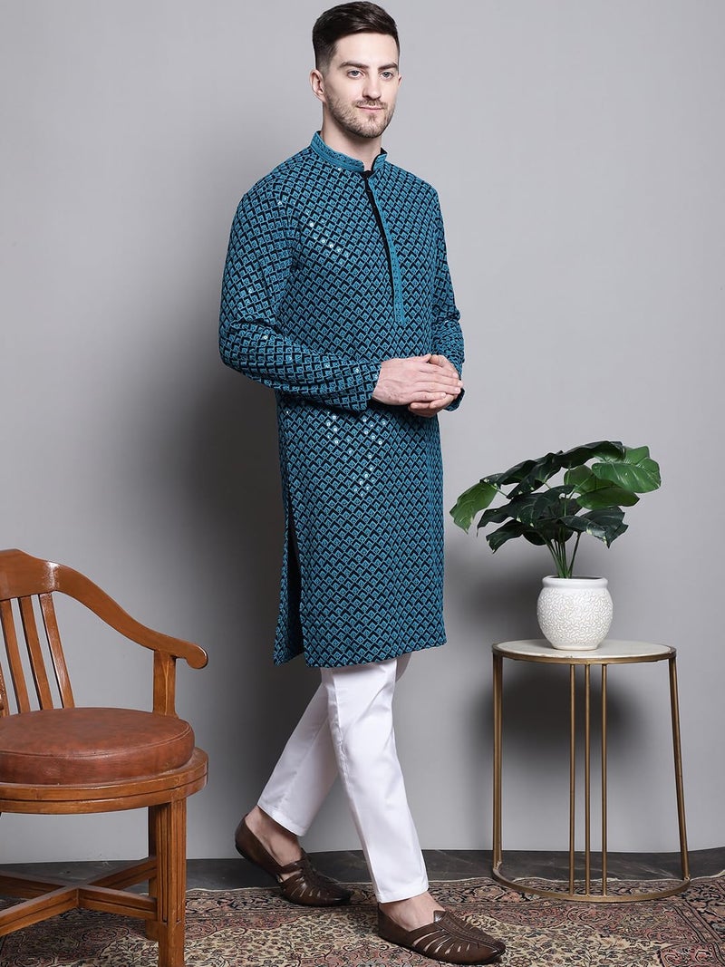 Jompers Mens Sequin Embroidered Pure Cotton Kurtas (Blue, M) - Image 4