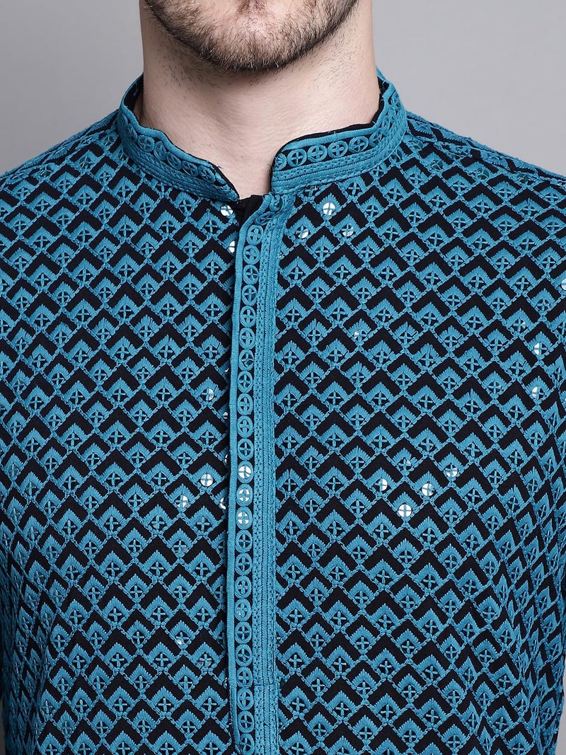 Jompers Mens Sequin Embroidered Pure Cotton Kurtas (Blue, M) - Image 5